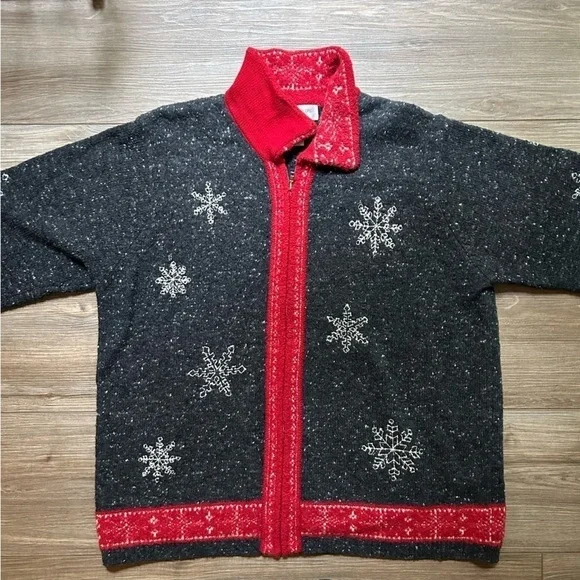 Jones New York | Wool Christmas Zip-Up Sweater w Snowflake Pattern (2X) - Picture 4 of 12